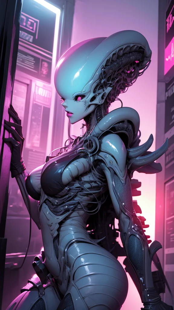 gratte-ciel vue nocturne néon qualité supérieure ultra haute définition cyberpunk、femme extraterrestre