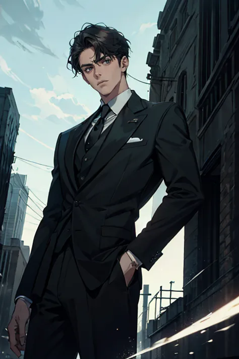 ((One young man with a black suit and tie)), gotham, alejandro, (((side swept dark short hair))), (dark green eyes and thick eye...