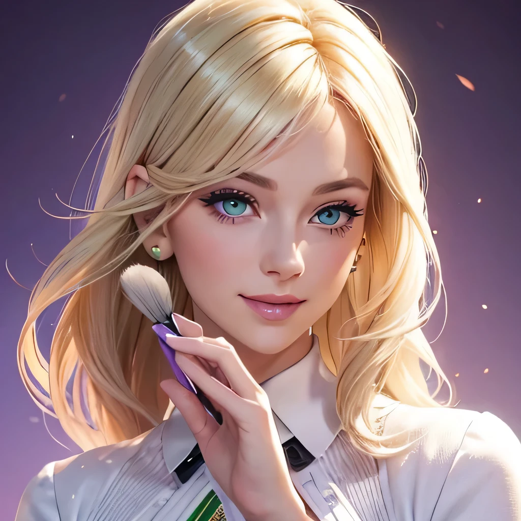 create a beautiful woman, with shiny blonde hair, with a beautiful smile, from sideways, showing his hair, a woman with light white skin, detailed green eyes, with a light lilac background, light lilac clothing, face on the side, Flying hair, showing makeup, makeup in hand, foundation in hand, compact powder, brush.