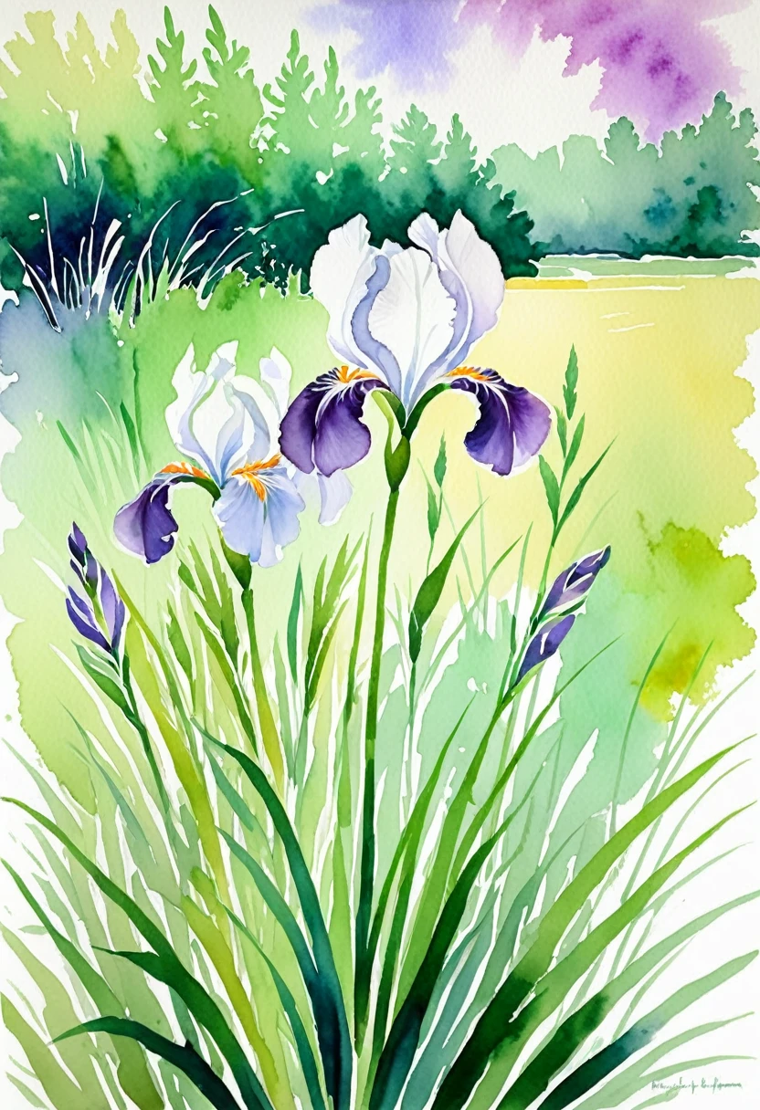 Flores de iris blancas y moradas., pastos en el fondo, hojas de color verde claro, Pinceladas sueltas, acuarela colorida, Fondo blanco, formas organicas, abstracto floral, bordes suaves, pintado al estilo de Hockney de manera realista con detalles impresionistas.