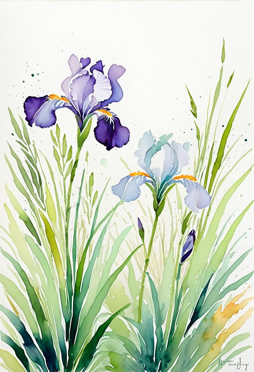 白色和紫色的鳶尾花, 背景中的草, 淺綠色的葉子, 鬆散的筆觸, 多彩水彩, 白色背景, 有机形状, 花卉摘要, 軟邊, 以霍克尼風格繪製，帶有印象派細節的寫實風格.