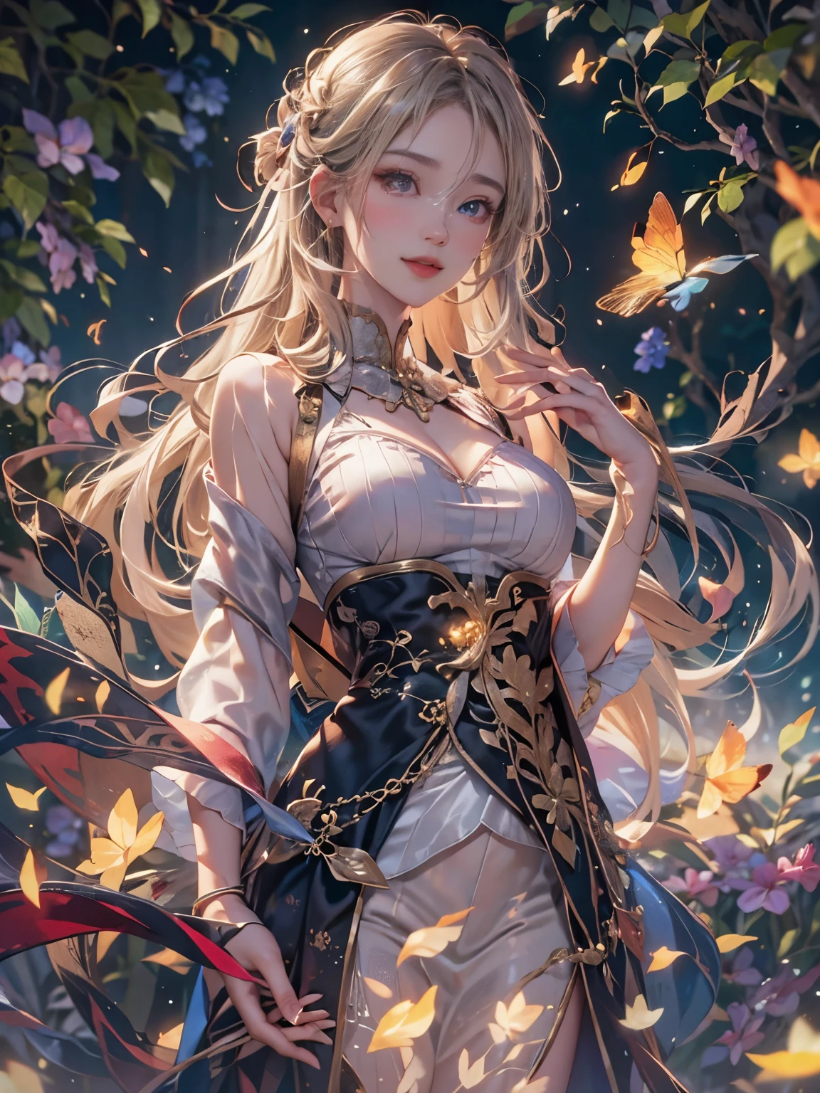 (8K, Highest quality, masterpiece: 1.2), (Realistic, photo Realistic: 1.37), Very detailed, One Girl, Wide viewing angles, Firefly Garden, Small faint lights and flying fireflies, night, Yasutomo Oka's Painting style, Large, firm, swaying bust, I can see her cleavage, Intricate details, Splash screen, 8K resolution, masterpiece, A kind smile, Mysterious Background, aura, A gentle gaze, break, blonde, Dynamic sexy pose,