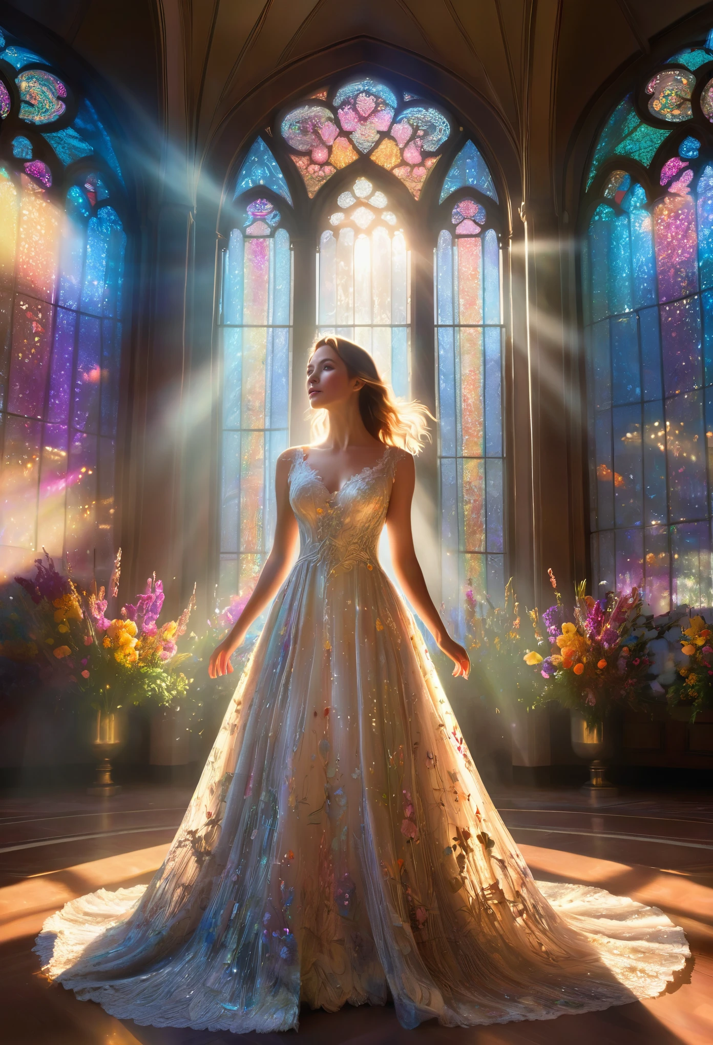 The ballroom, the sunlight pouring down, the colorful flowers, a woman in evening dress standing, a lace dress with floral patterns, rays of light pouring in through the large stained glass windows, flowers and light particles in the air drifting, voluminous lighting, a fantastic atmosphere,
epic realistic, intricate details, hyper detailed, cinematic, rim light, 