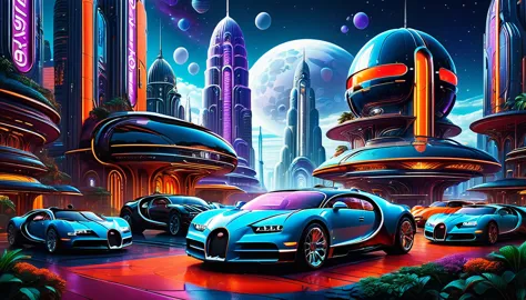 lots of lighting in imposing skyscrapers with neon lights and holographic advertisements, flying cars (((brand bugatti))) and sp...