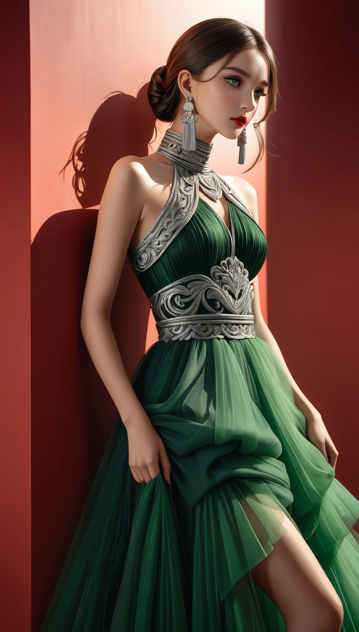 (masterpiece，high quality，8K).Fashion photography：Beautiful girl leaning elegantly against the wall，Roman high heel sandals，Ethnic evening dress：1.5.Skin details，Bright Eyes，Thick eyelashes，Unique，Staring at the audience），（High Neck Sleeveless Black and Green Maxi Dress，Fluffy oversized tulle skirt，Multi-layer yarn，Long legs，seedling：1.5，Silver jewelry：1.2，silver tassel：1.37，）。Light and Shadow，Clean and simple red background
