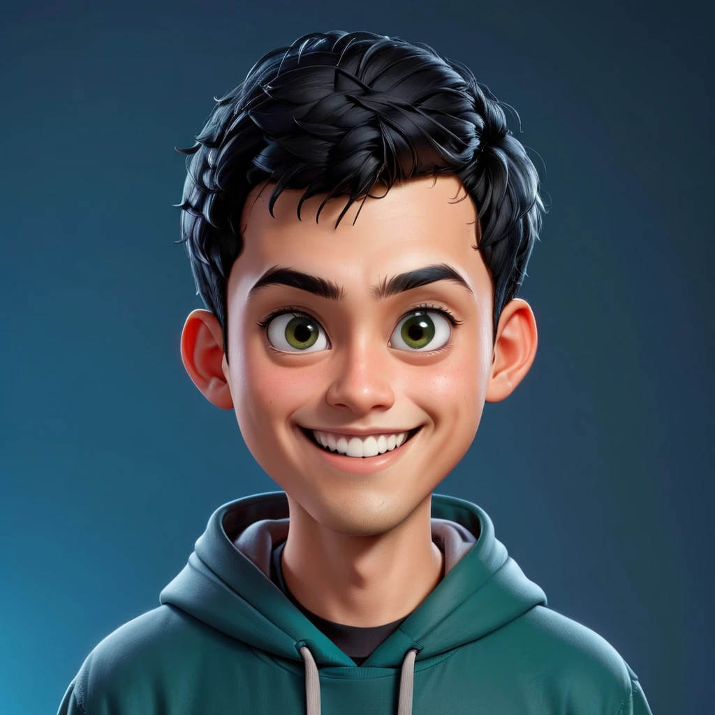 Create a cartoonish caricature 3D animation of a big-headed. a 19 year old Indonesian man. She has short black pixie cut hair. His face is oval with smooth lines, thick and neat black eyebrows, small eyes, a small, sharp nose, and thin lips with a wide, friendly smile. He wore a dark green hoodie over an orange t-shirt. Gradient blue background. masterpiece, top quality, highly detailed skin and face, ultra-realistic, high definition, sharp focus, 2/3 body angle, Concept Art.