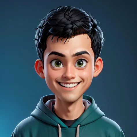Create a cartoonish caricature 3D animation of a big-headed. a 19 year old Indonesian man. She has short black pixie cut hair. H...