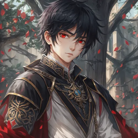 (Masterpiece artwork, best qualityer: 1.2) Anime boy, black hair , red eyes , medieval clothes