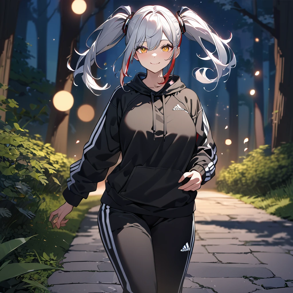 A woman wearing a black adidas sweatshirt, black adidas track pants, sports shoes, silver hair, pigtails, red bangs, multi-colored hair,a red fringe on the front of the hair, yellow eyes, smiling, big breasts walking on a sidewalk in a forest park at night, with illuminated location overlooking a lake on site, close view, UHD, prime work, accurate, anatomically correct, textured skin, super details, high quality, best quality, 8k, high resolution, bokeh effect. (woman alone)
