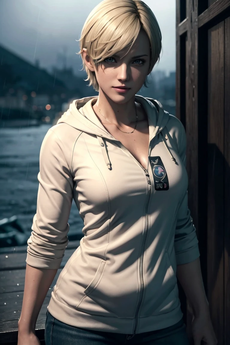 Resident Evil 6,Shelley,Short Hair,Blonde Hair,White hoodie,Cold protection,neck warmer,Photorealistic,Ultra HD,high quality,masterpiece,Digital SLR,Detailed details,Intricate details,Anatomical basis,Depicted in detail,A detailed face,Realistic skin texture,Vivid details,Perfect Anatomy,Perfect Anatomy,Anatomically correct hand,Anatomically correct fingers,Super Detail,Complex 3D rendering,Sexy pose,Rainy Sky,Beautiful scenery,Fantastic rainy sky,Picturesque,Pink Lips,smile,