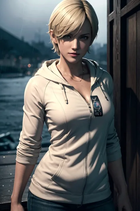 resident evil 6,shelley,short hair,blonde hair,white hoodie,cold protection,neck warmer,photorealistic,ultra hd,high quality,mas...