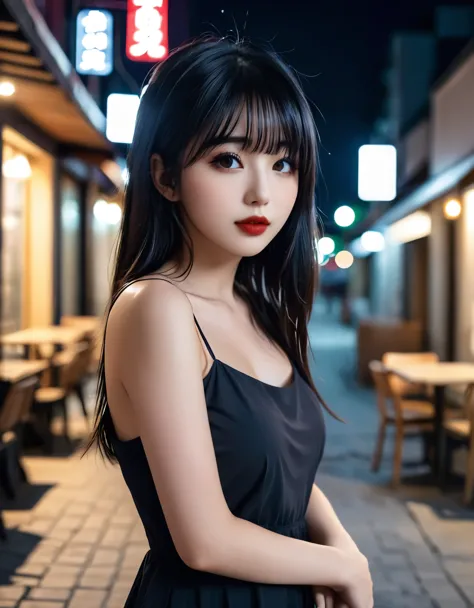 a girl，cute and pretty face，long straight black hair，long bangs covering eyes，long eyelashes，(fine eyes)，small eyes，(half-closed...