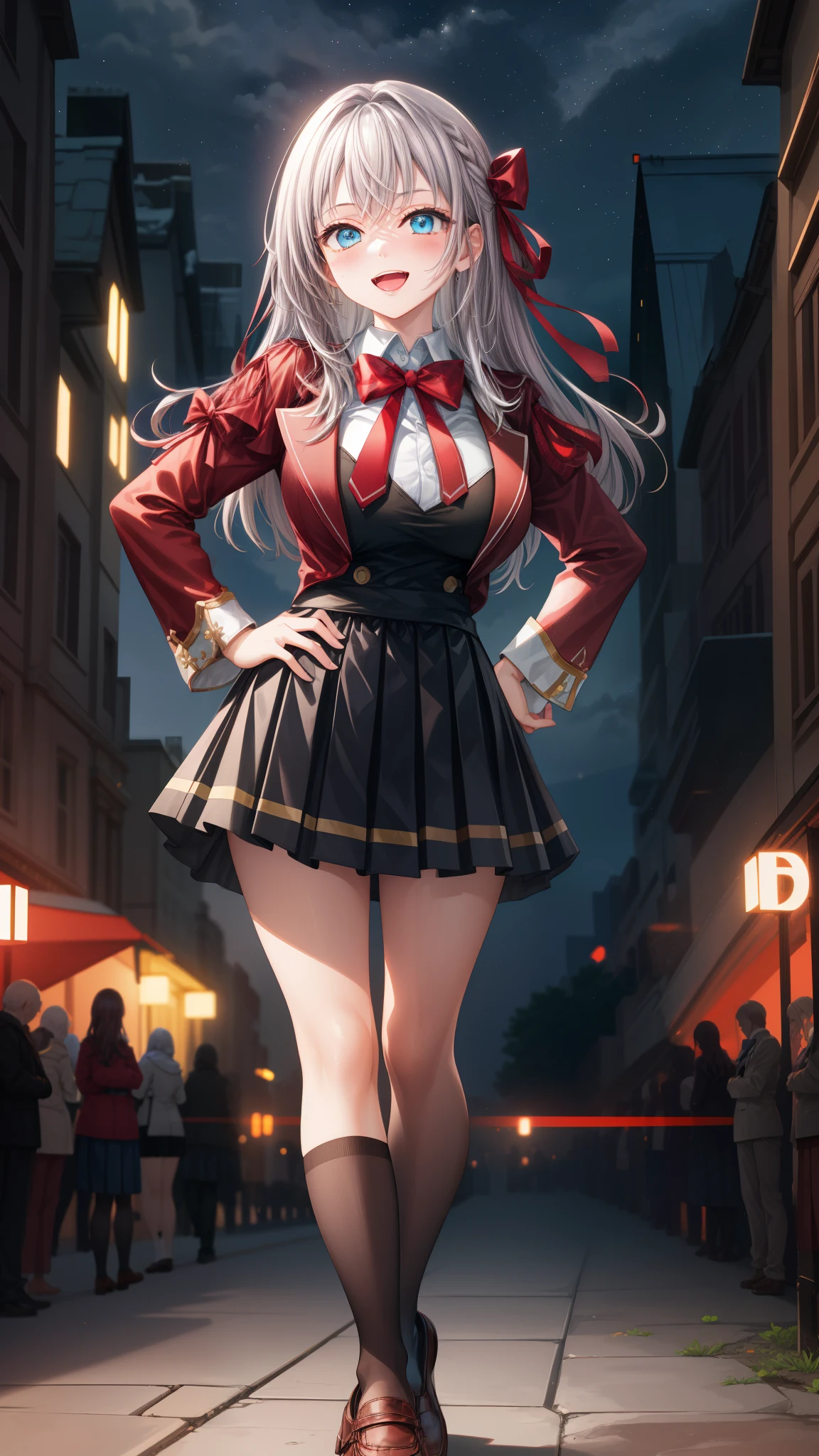 Alisa Kujou, 

(night:1.7), 1 girl standing at attention, 22 years,young female,beautiful Finger, beautiful long legs ,beautiful body ,beautiful Nose ,beautiful character design, Perfect eyes, perfect face,

There is an anime girl., 1 girl, thighs, Alone, (very short skirt:1.4), Blue eyes, old, black dress ,elegant , long socks (short dress)  , neckline, bow, hand on hip, blush, black thighs, bowtie, inside, brown shoes, The Great Passage, moccasins, Shoes, large old, looking at the viewer, take half distance, close up shot of open mouth, thighs,

looking at the viewer, smile, greeting the viewer, In the center of the image, Fondo de pantalla CG unity 8K extremadamente detallado, Perfect lighting,showy, bright_forehead_face_Lightinasterpiece:1.0),(better_quality:1.0), ultra high resolution,4k,ultra detailed,
Photography, 8K, HDR, high resolution, absurdities:1.2, codas portrait, film grain, blurred background, bokeh:1.2, Lens flare, (Vibrant_Color:1.2)
, (beautiful_face:1.5),(narrow_waist), (beautiful,huge_old:1.3)