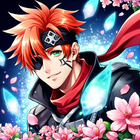 ultra detailed, highres, absurdres, hdr, lavi bookman, orange hair, expressive green eye, black eye patch, d.gray-man, red scarf...