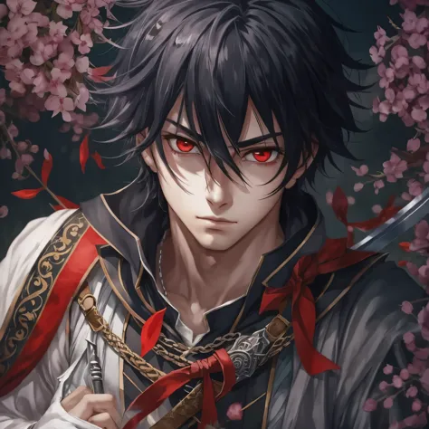 (Obra-prima, melhor qualidade: 1.2) Anime boy, black hair , red eyes , medieval clothes , Swordsman