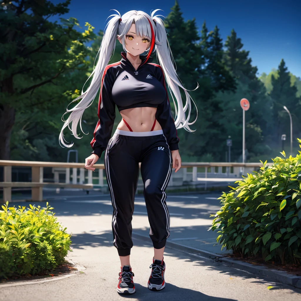 A woman wearing a black adidas sweatshirt, black adidas track pants, sports shoes, silver hair, pigtails, red bangs, multi-colored hair,a red fringe on the front of the hair, yellow eyes, smiling, big breasts walking on a sidewalk in a forest park at night, with illuminated location overlooking a lake on site, close view, UHD, prime work, accurate, anatomically correct, textured skin, super details, high quality, best quality, 8k, high resolution, bokeh effect. (woman alone)
