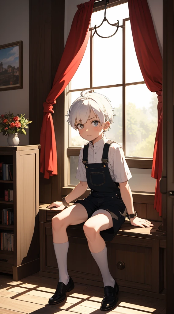 Two-dimensional cartoon boy Shota Shota, one-piece overall: 1.5, full body photo, nightcap, goggles, cute gestures, leg rings, white stockings, white hair, slightly red face, sitting by the window, looking out the window,