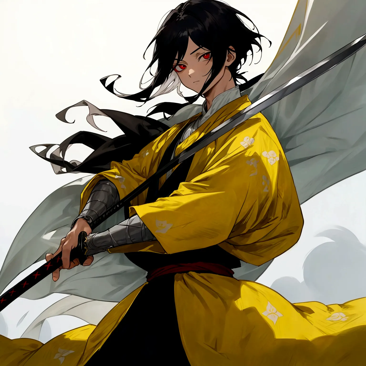 (Obra-prima, melhor qualidade: 1.2) Anime boy, black hair , red eyes , medieval clothes , Swordsman