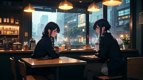 ３０1 female in her 20s, 90s anime style, rain, coffee shop,, Woman wearing headphones, Late night at the cafe counter, Listening ...