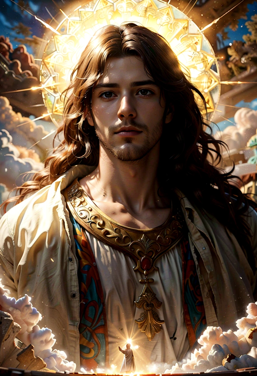 cinematic dramatic portrait of jesus christ, jesus christ in glory, jesus christ in the sky, jesus christ surrounded by light, jesus christ in divine atmosphere, masterful oil painting, highly detailed, photorealistic, dramatic lighting, cinematic composition, epic scale, glowing radiant light, heavenly atmosphere, majestic clouds, dramatic sky, dramatic lighting, chiaroscuro, intricate details, rich textures, vibrant colors, renaissance style, ornate details, heavenly aura, ethereal presence