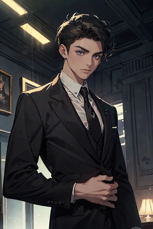 ((One young man with a black suit and tie)), alejandro, (((one side swept dark short neat hair))), ( green eyes and thick eyebrows), ((20 years old)), ((masterpiece)), ((cinematic lighting)), relax look and smirk, waiting for someone