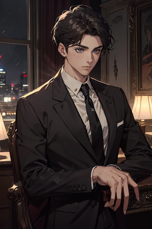 ((One young man with a black suit and tie)), alejandro, (((one side swept dark short neat hair))), ( green eyes and thick eyebrows), ((20 years old)), ((masterpiece)), ((cinematic lighting)), relax look and smirk, waiting for someone