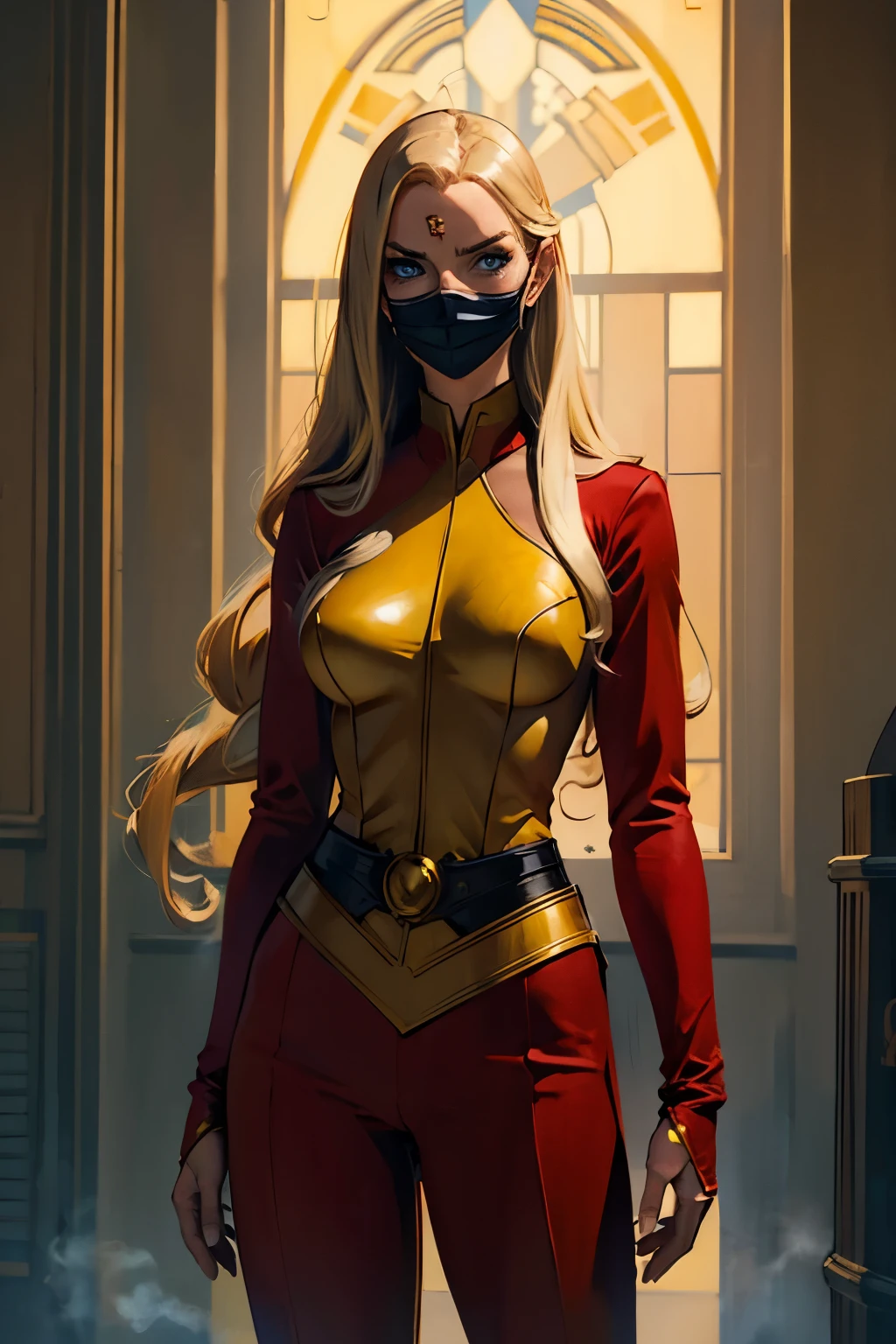 Inspired by the art of John Romita Sr,1 young superheroine with long blonde hair, Blue eyes covered by an emblematic mask, medium breasts, Waist slender, wearing a custom skin-tight uniform, red and yellow uniform color, Super-Heroine Chamada "Golden Flame", Emanating from the hands a powerful energy, In front of an immense concrete city, fully body, detailed artwork, art direction John Romita Sr.