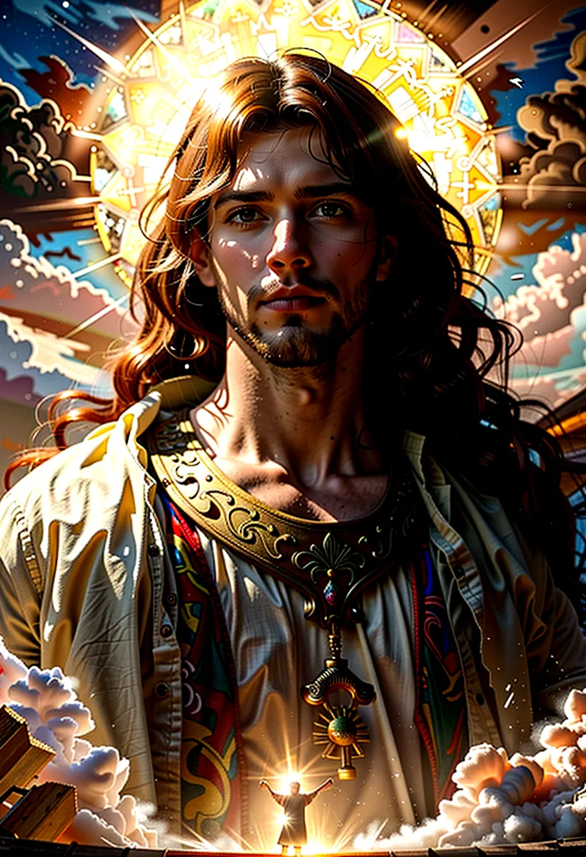 cinematic dramatic portrait of jesus christ, jesus christ in glory, jesus christ in the sky, jesus christ surrounded by light, j...