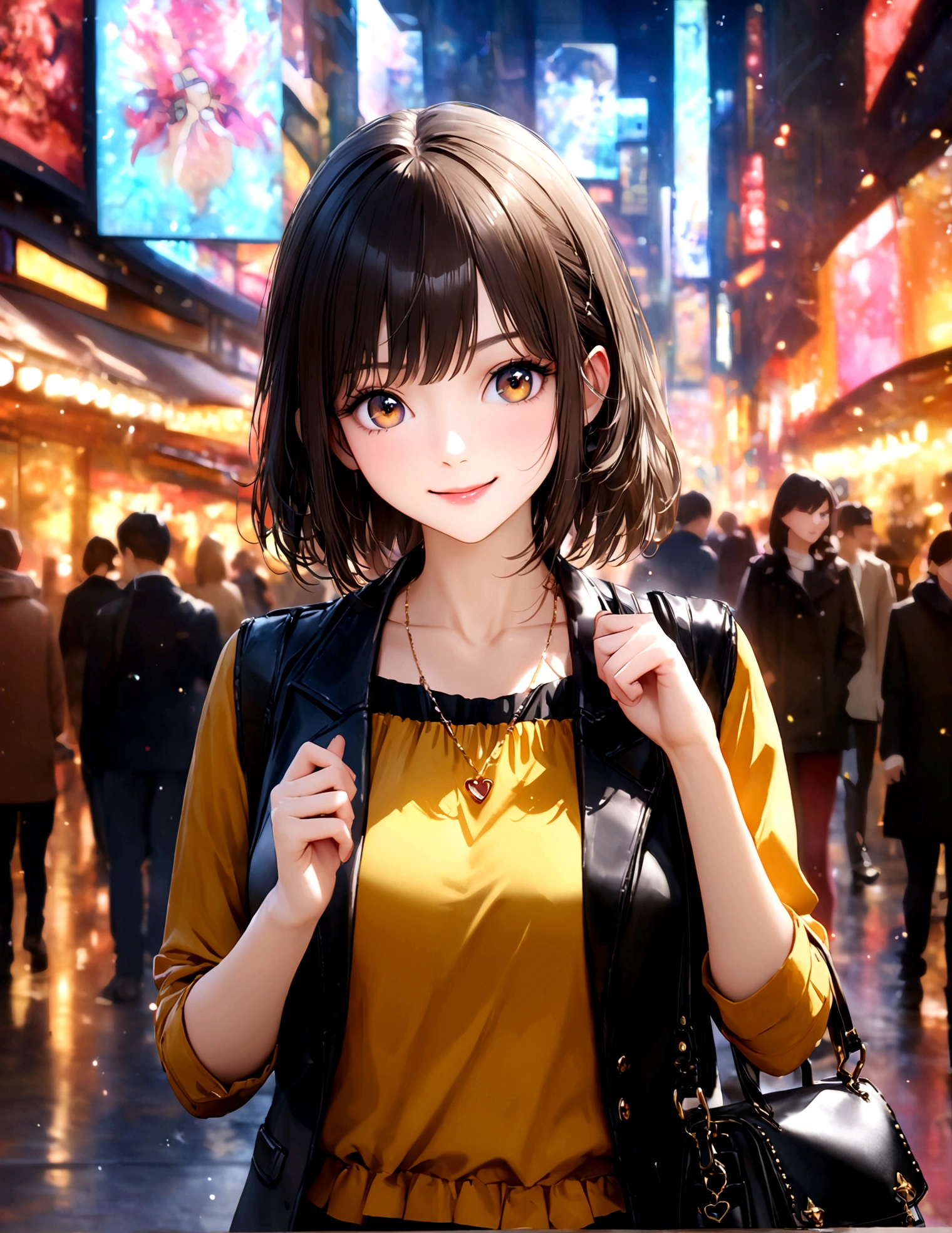 Shinjuku, Cute casual clothes,On a date,Blur the background,high school girl,Shortcuts,smile,Glitter effect,Highest quality, 4K, 8K, High resolution, masterpiece:1.2, Very detailed, Realistic:1.37, High resolution, 超High resolution, Ultra-fine painting, Sharp focus, Physically Based Rendering, Very detailedな説明, Professional, Vibrant colors