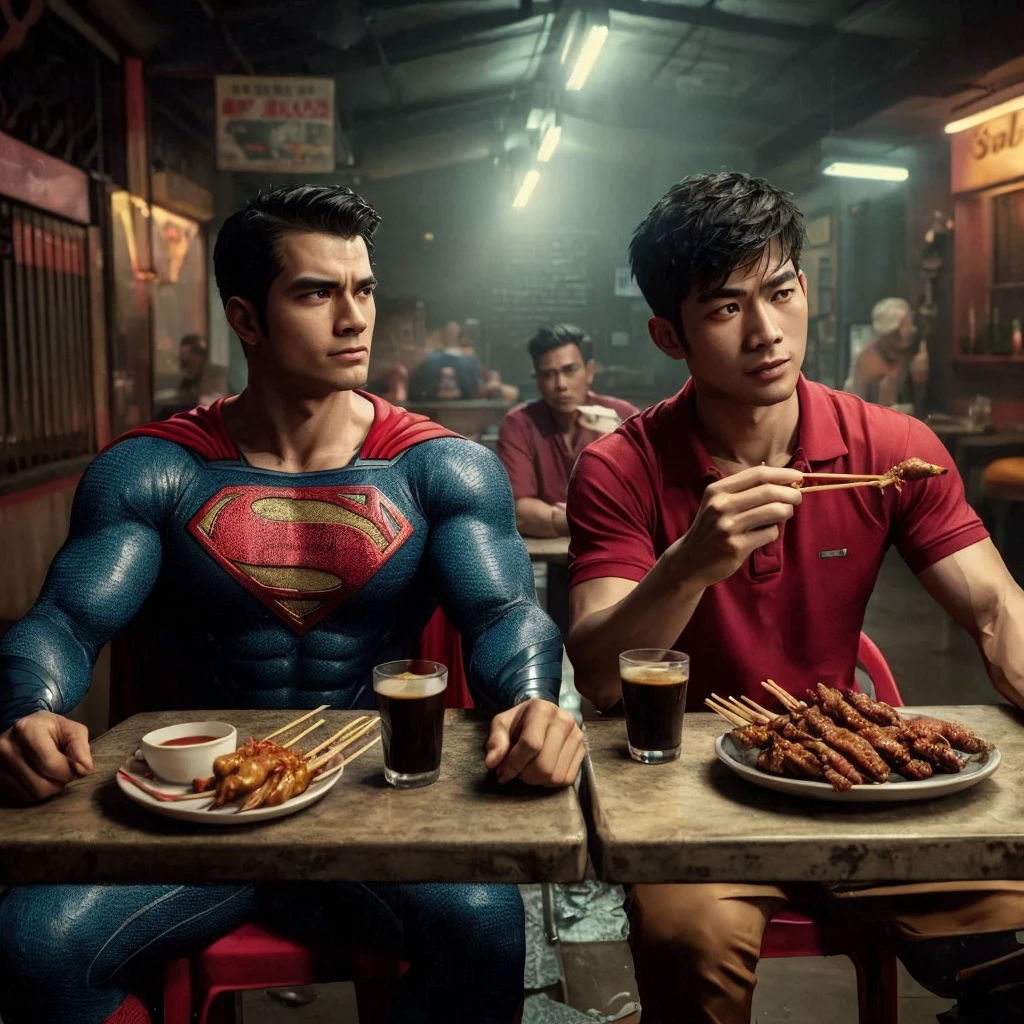 Crea una foto hiperrealista de Superman y dos hombres asiáticos con el pelo corto, cabello puntiagudo con una camisa polo roja sentado en sillas cerca de una mesa en un bar de mala muerte mientras come satay y bebe café negro ,4k,cinematográfico,HD, ultra realista