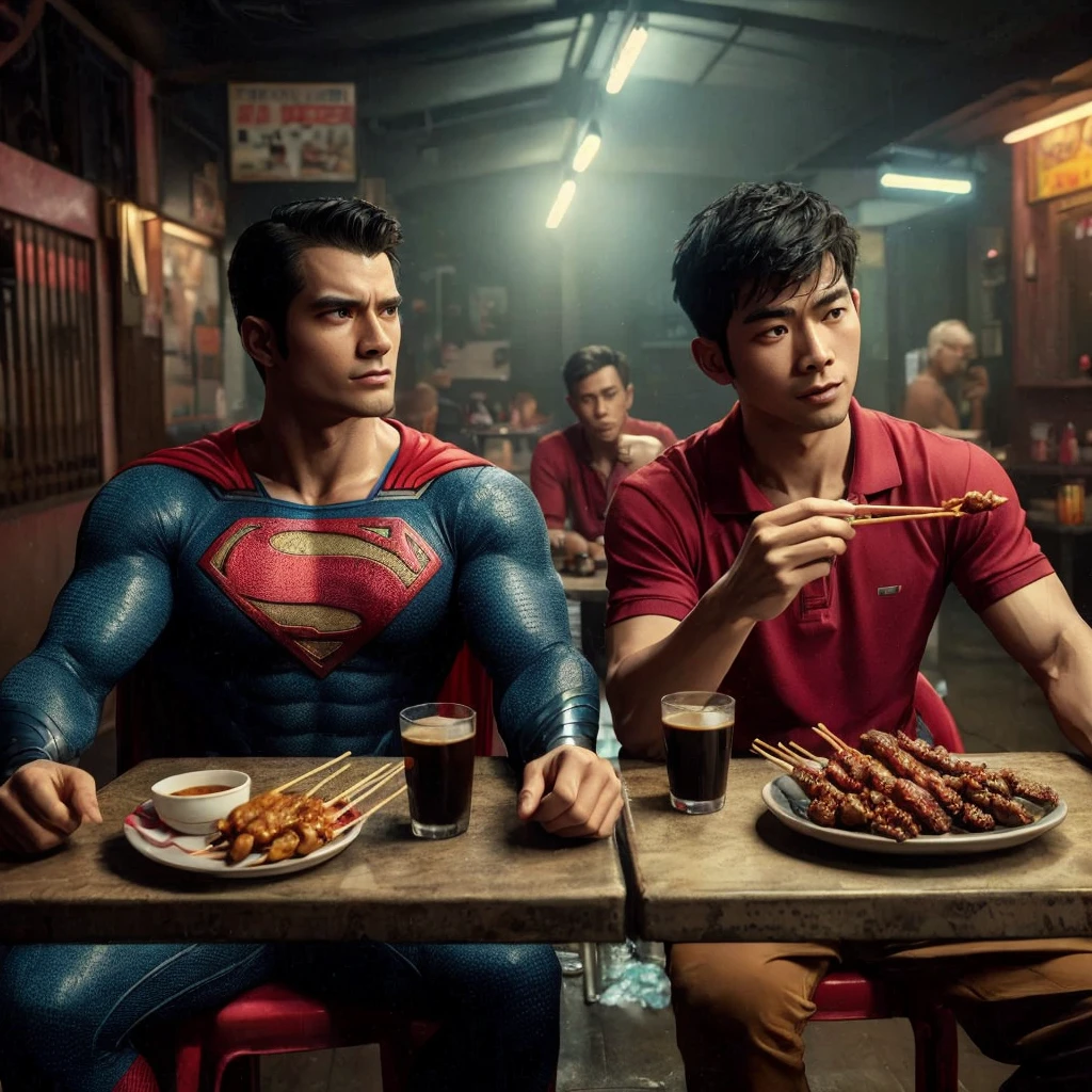 Create a hyper realistic photo of Superman and a 25 year old Asian man with short, spiky hair wearing a red polo shirt sitting on chairs near a table in a seedy bar while eating satay and drinking black coffee ,4k,cinematic,uhd, ultra realistic