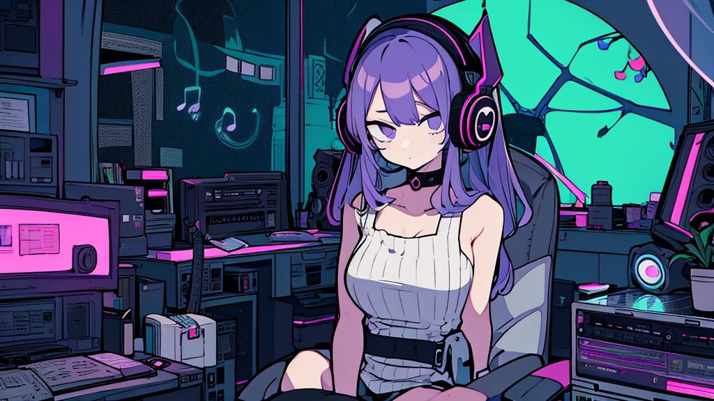 Best quality, (masterpiece:1.2), best detail face, 1 girl, big breasts, 18 yo, 8k,absurdres,unity 8k wall paper,(extremely detailed:1.3), highest realistic, (retro headphones:1.1), (soft neon light:1.1), (floating hair:1.2), (psychedelic:1.2), Her room full of music equipment and plants, Leaning back on the chair with a casual attitude, Light clothing in summer, dark grey color palette, purple hair
