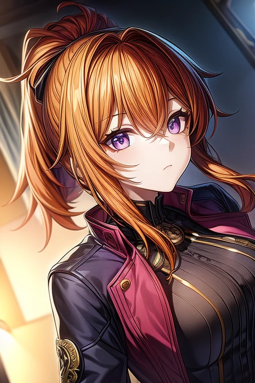 (masterpiece, best quality, perfect face, expressive eyes), 1girl, (anime), (adult), orange hair, purple eyes, intricate details, open jacket, ponytail, 