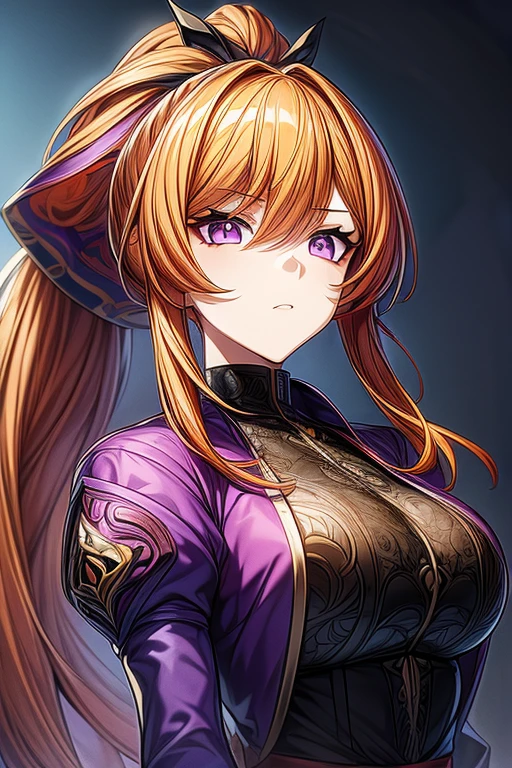 (masterpiece, best quality, perfect face, expressive eyes), 1girl, (anime), (adult), orange hair, purple eyes, intricate details, open jacket, ponytail, 