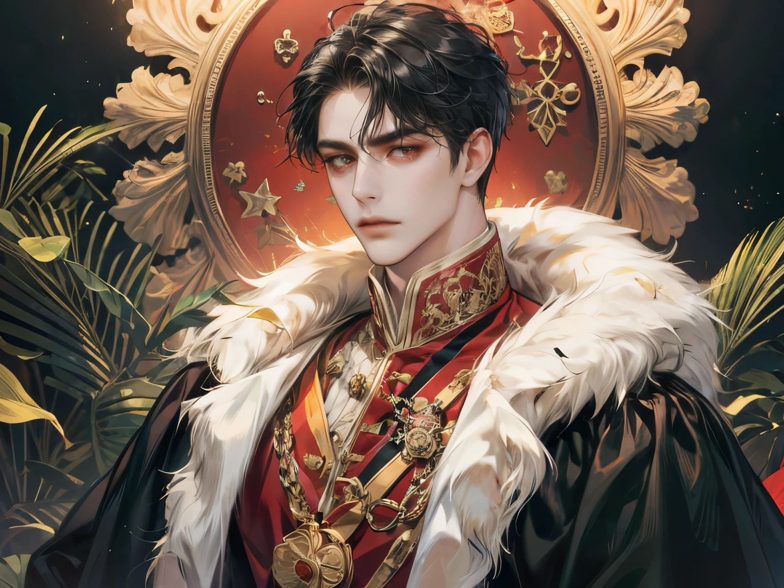 (absurdres, highres, ultra detailed, original character),  russian boy, solo, adult, handsome, ((tall muscular guy, broad shoulders)), finely detailed eyes, ((fluffy black hair)),  A king, with a golden crown, a man with long black hair, red eyes, staring straight ahead, royal atmosphere, royal clothes, charming, charismatic, very serious, looking dead, king, middle-aged man