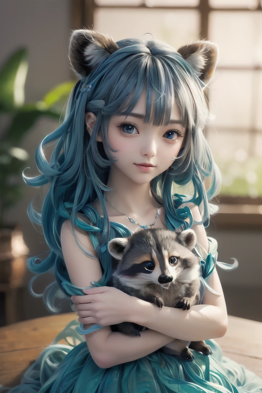 Cute raccoon in a surreal, dreamy fantasy scene、Detailed digital illustration、8K、Very detailed、Very realistic、Photorealistic、Bright colors、Dramatic lighting、Intricate details、Whimsical、magical realism、Soft pastel tones、Shine、Ethereal、Mysterious、Mysterious、Imaginative、Conceptual