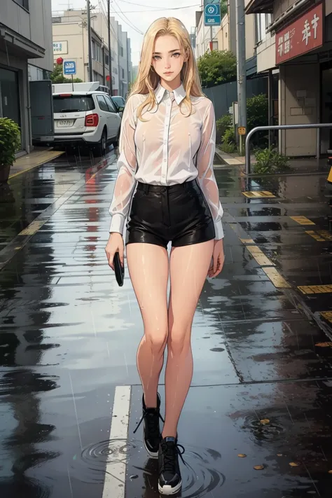 1 female, medium long blonde hair, wearing white shirt, black short mini pants, black shoes, fullbody shot, walking in the rain,...