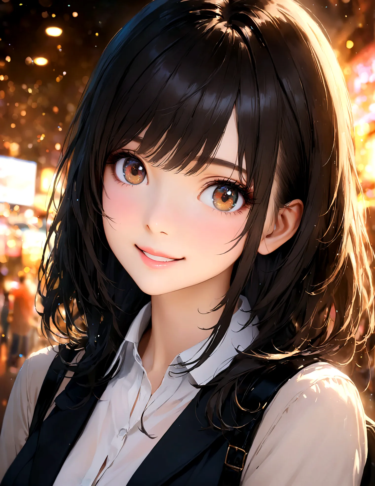 shinjuku, cute casual clothes,on a date,blur the background,high school girl,shortcuts,smile,glitter effect,highest quality, 4k,...