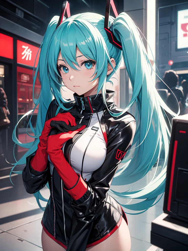 Hot Hatsune Miku, black winter wear, red gloves - SeaArt AI