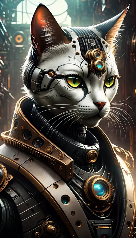 "(((Cybernetic Feline))) Decorated with steampunk elements, Blends seamlessly into the cyberpunk environment, (mysterious) and (...