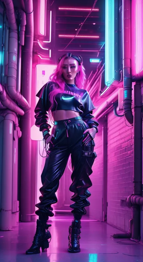 a close up of a woman in a neon outfit, cyberpunk vibe, cyberpunk with neon lighting, bright cyberpunk glow, cyberpunk vibes, cy...