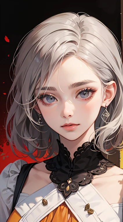 A painting of a woman with gray hair and an orange blouse, Awesome anime face portrait, beautiful character painting, cute anime portrait, her image is rendered with red ink, presenting an impressive effect. The painting is very detailed, depicting female faces and clothing. Your face has a creamy dripping effect, which makes the whole face more vivid. She wears a beautiful, detailed outfit with light gray hair.. The proportions are accurate, and the female characters&#39; costumes are traditionally dressed, showing a classic charm.