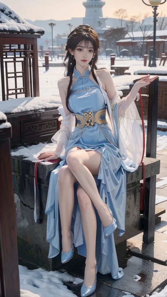yinziping,cheongsam, ((Shot in the knee))，((Full breasts, cleveage)),（8K， original photo， best quality， masterpiece：1.2，（Practical， Shoot real people：1.4)，Hide your sadness，Alice Gainsborough， Bare shoulders，The skirt is very short, The skirt is very short, Beautiful slender legs, External， (External，Covered with snow) high quality， Adobe Lighthouse， High Detail Skin， Looking at the audience，