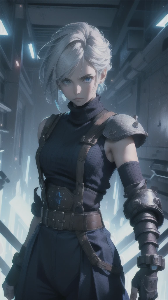 (masterpiece, best quality:1.2), expressive eyes, perfect face, highres, 1 girl, solo, (female:1.5), strife, short hair, shoulder armor, sleeveless turtleneck, suspenders, belt, gloves, bracer, standing, portrait, looking at viewer, White hair, Blue glowing eyes 