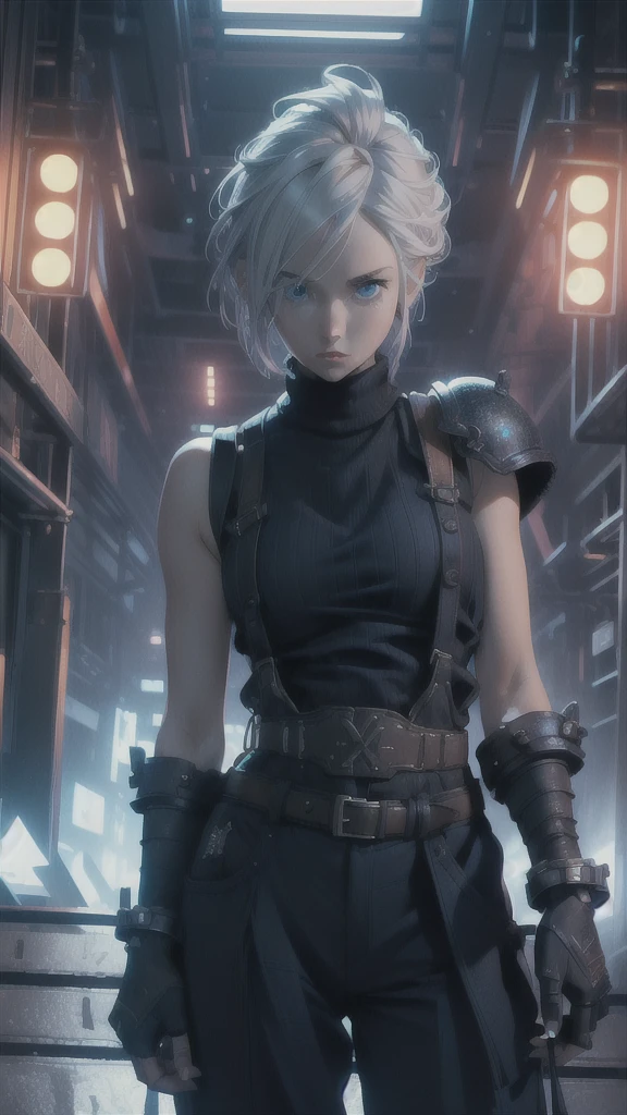 (masterpiece, best quality:1.2), expressive eyes, perfect face, highres, 1 girl, solo, (female:1.5), strife, short hair, shoulder armor, sleeveless turtleneck, suspenders, belt, gloves, bracer, standing, portrait, looking at viewer, White hair, Blue glowing eyes 