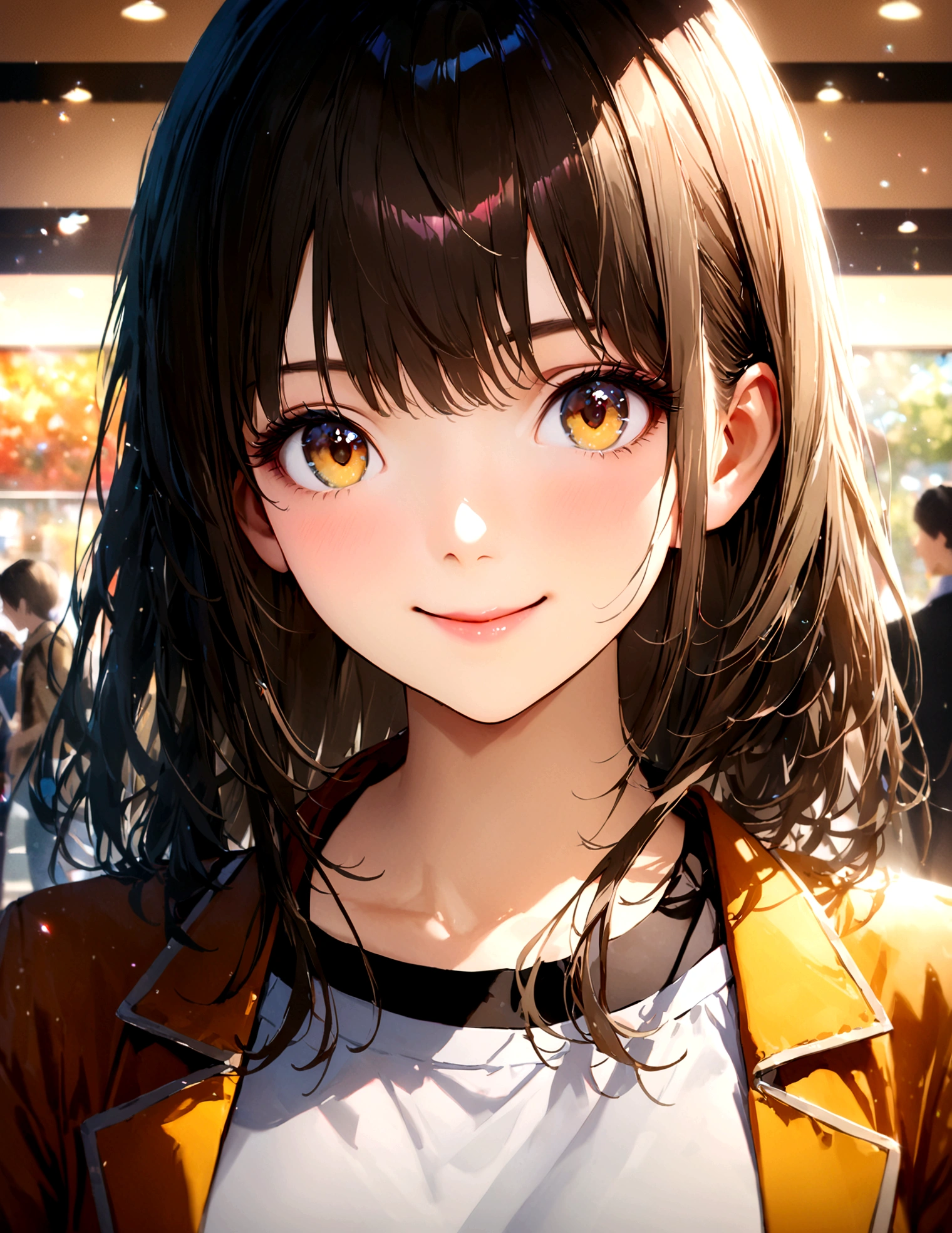 Shinjuku, Cute casual clothes,On a date,Blur the background,high school girl,Shortcuts,smile,Glitter effect,Highest quality, 4K, 8K, High resolution, masterpiece:1.2, Very detailed, Realistic:1.37, High resolution, 超High resolution, Ultra-fine painting, Sharp focus, Physically Based Rendering, Very detailedな説明, Professional, Vibrant colors