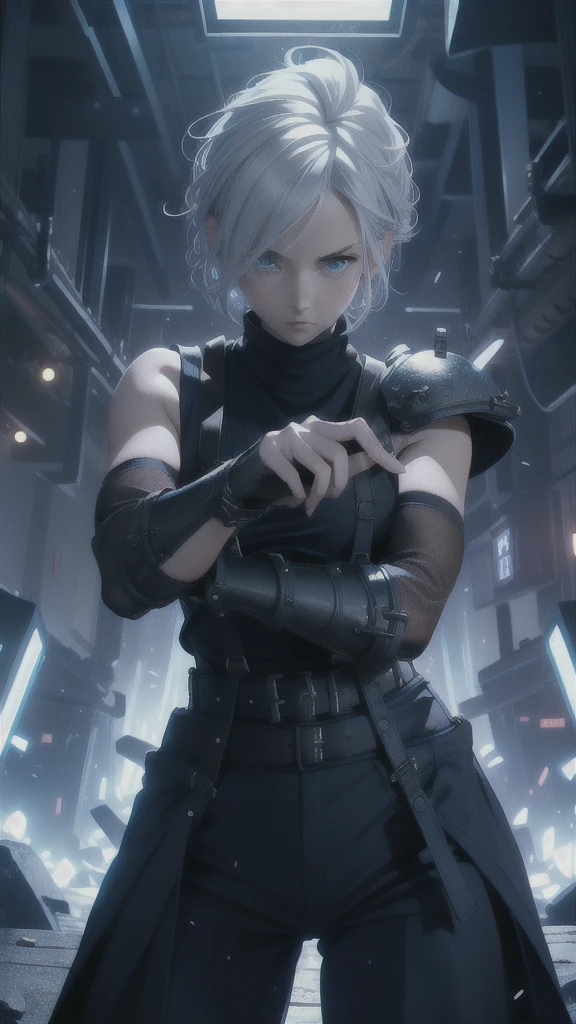 (masterpiece, best quality:1.2), expressive eyes, perfect face, highres, 1 girl, solo, (female:1.5), strife, short hair, shoulder armor, sleeveless turtleneck, suspenders, belt, gloves, bracer, standing, portrait, looking at viewer, White hair, Blue glowing eyes, holding a giant katana,