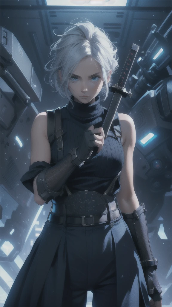 (masterpiece, best quality:1.2), expressive eyes, perfect face, highres, 1 girl, solo, (female:1.5), strife, short hair, shoulder armor, sleeveless turtleneck, suspenders, belt, gloves, bracer, standing, portrait, looking at viewer, White hair, Blue glowing eyes, holding a giant katana,