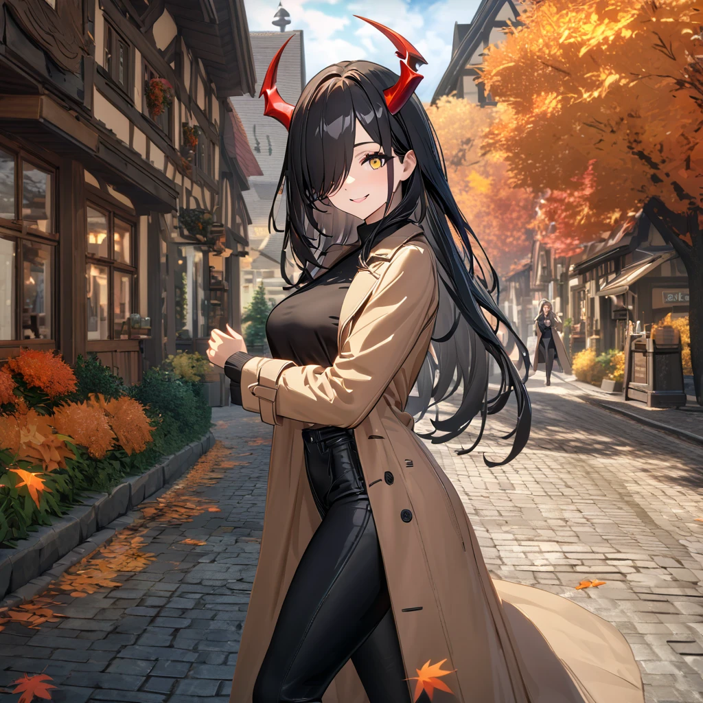 A woman wearing a long camel women's coat, black shirt, tight black pants, black leather boots, black hair, long hair, bangs covering one eye, yellow eyes, smiling, mature woman, red horn, walking on a sidewalk in a traditional German town in autumn weather, orange leaves by the road, daytime location.,UHD , work- prime, precise, anatomically correct, textured skin, super details, high quality, best quality, 8k, high resolution, bokeh effect. (woman solo)
