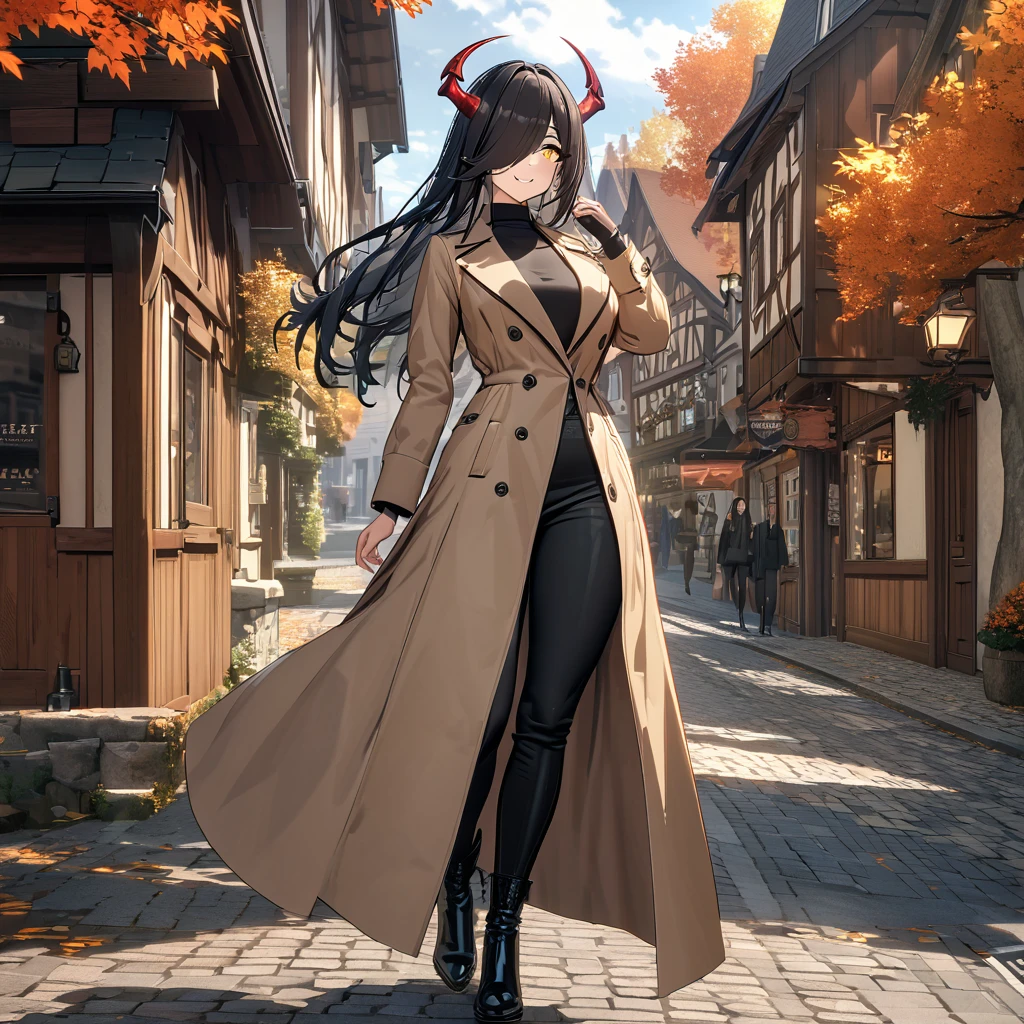 A woman wearing a long camel women's coat, black shirt, tight black pants, black leather boots, black hair, long hair, bangs covering one eye, yellow eyes, smiling, mature woman, red horn, walking on a sidewalk in a traditional German town in autumn weather, orange leaves by the road, daytime location.,UHD , work- prime, precise, anatomically correct, textured skin, super details, high quality, best quality, 8k, high resolution, bokeh effect. (woman solo)
